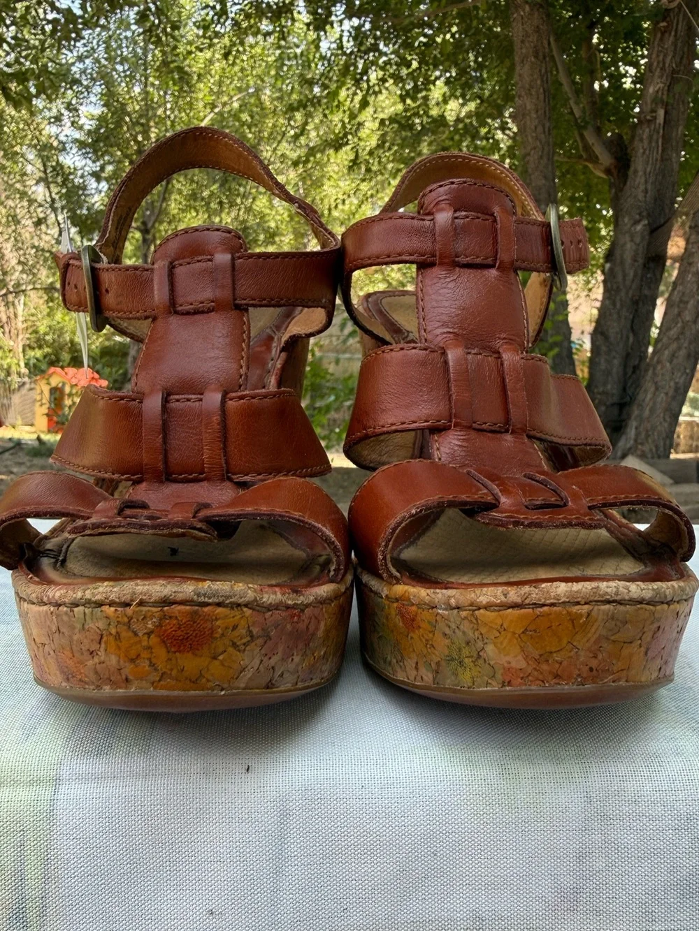 Born Leather Strappy Floral Cork Wedge Sandals
